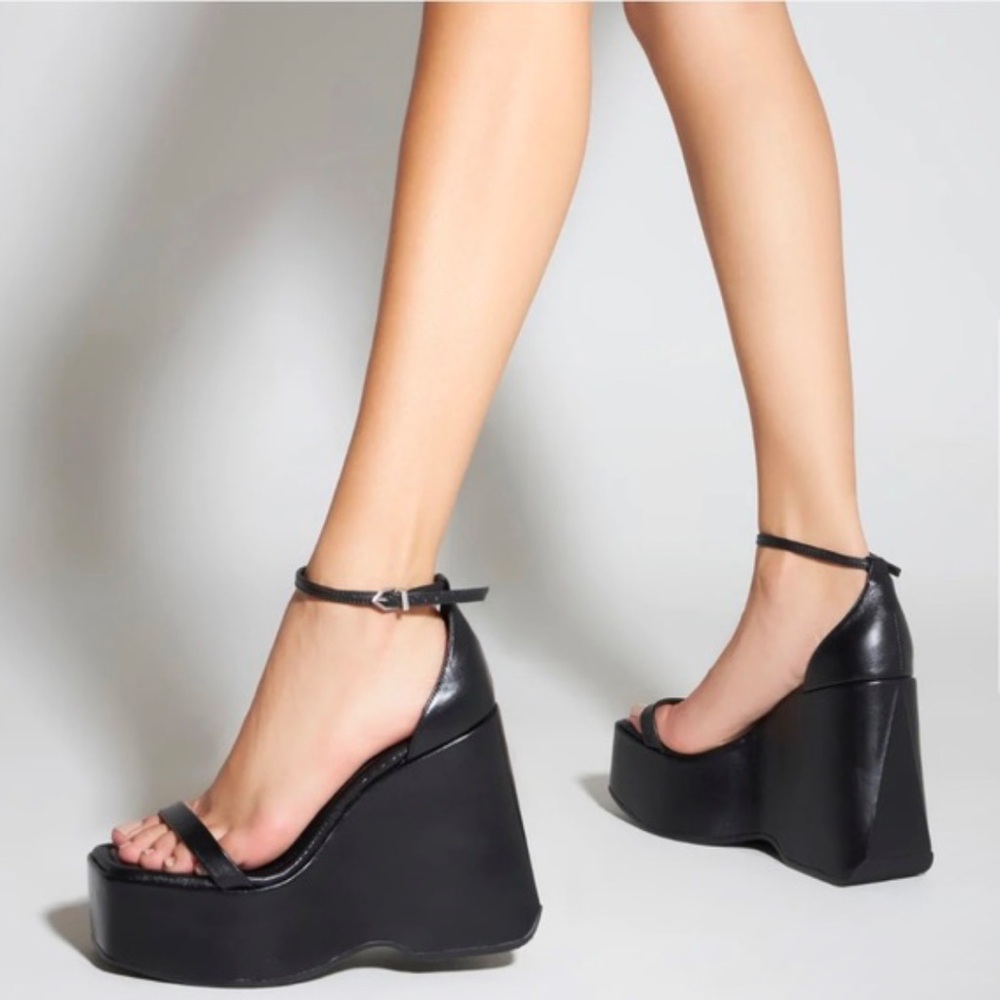 SCHUTZ Mazda Nappa Leather Wedge Platform Sandals Black 7.5 New